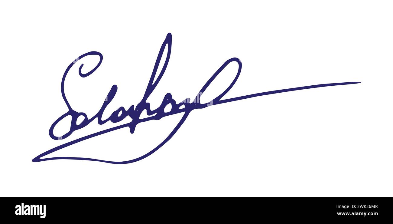 Gefälschte Signatur, handgezeichnetes Muster, eigenes Autogramm. Fiktive handschriftliche Unterschrift. Blaue Tintenfarbe. Scribble für Musterverträge Dokumente Zertifikate oder Briefe. Vektorabbildung. Stock Vektor