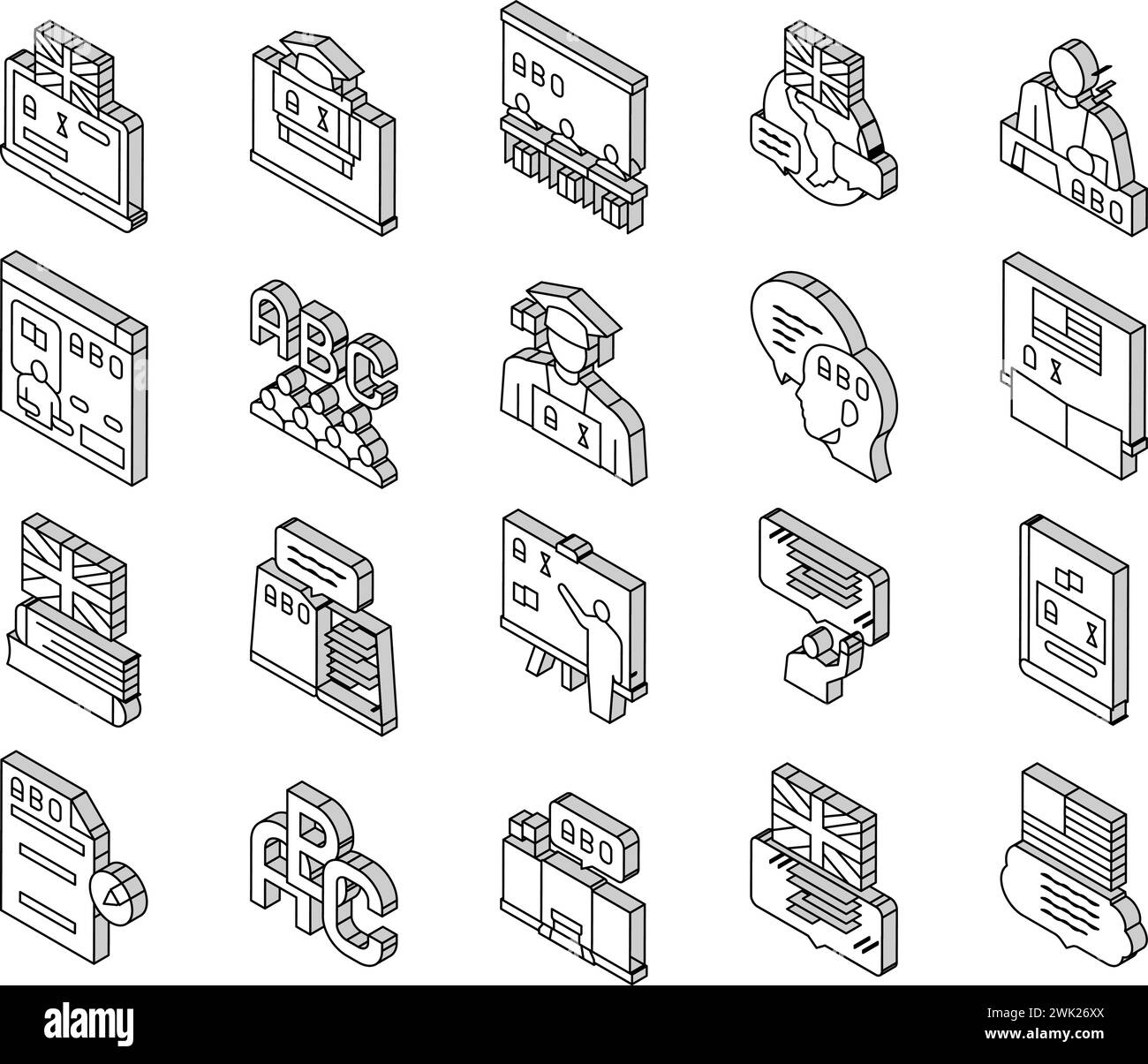 Englisch lernen in der Schule isometrische Symbole setzen Vektor Stock Vektor
