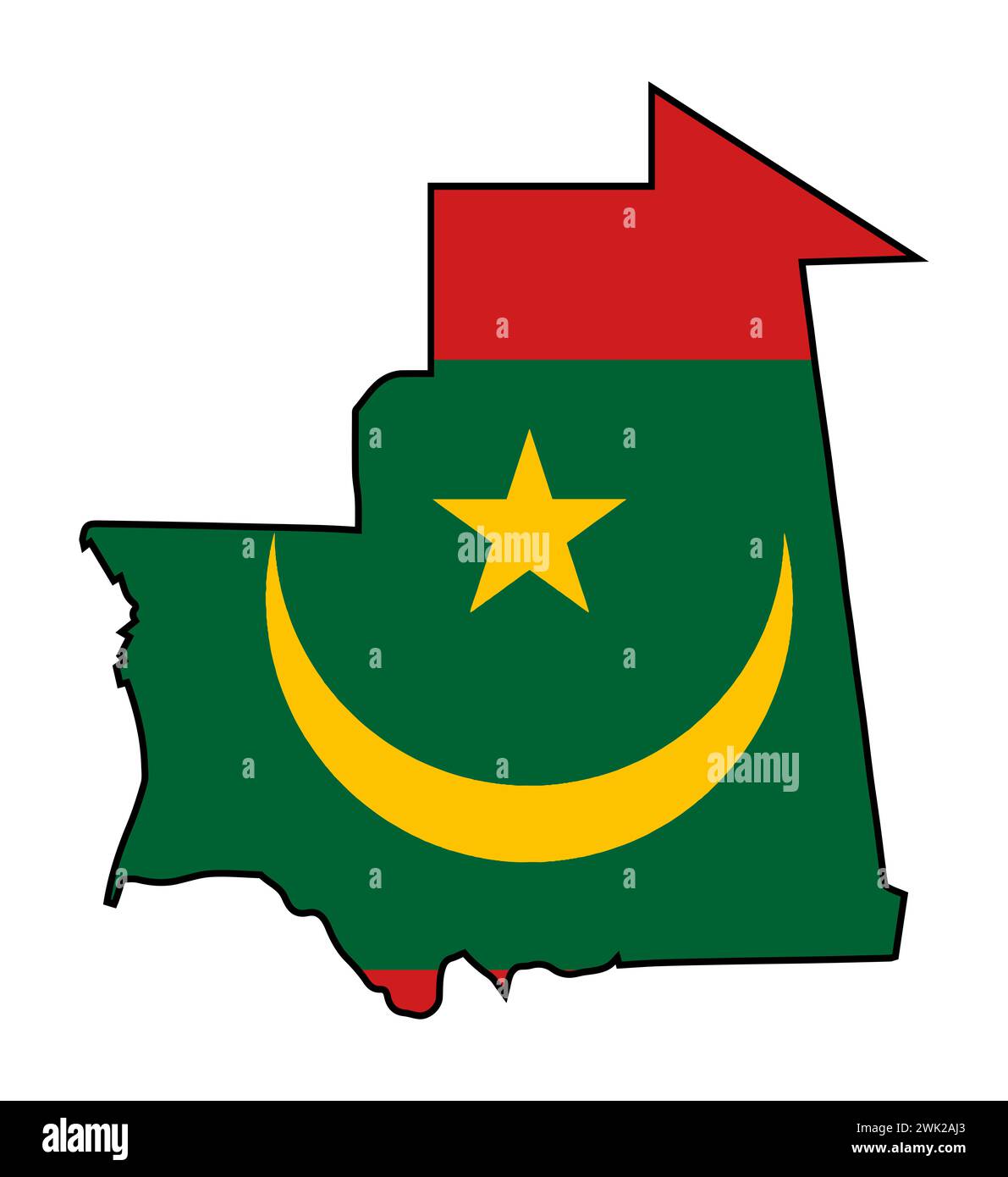 Umrisskarte des Landes der Arabischen Liga Mauretanien mit der Nationalflagge Stockfoto