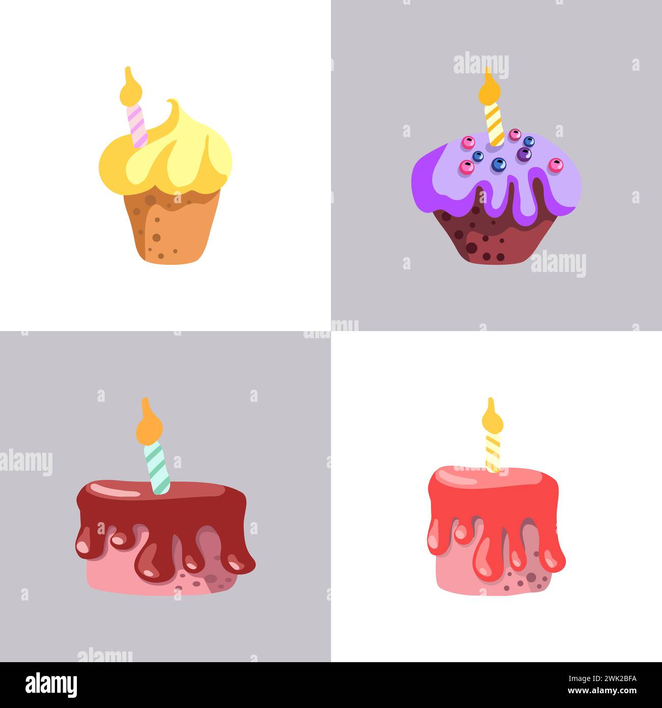 Nahtloses Muster von mit Happy Birthday Kuchen Torten Kuchen Muffins Hand gezeichnete süße Bäckerei Produkte Art auf dem weißen Hintergrund isolierte Zeichentrick Desserts Vektor Illustration Stock Vektor