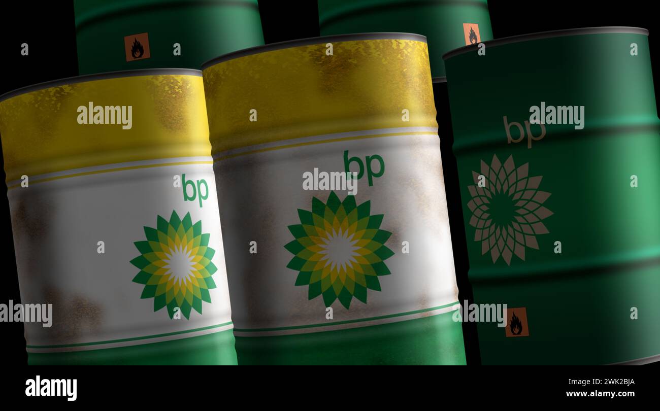 Poznan, Polen, 14. Februar 2024: BP Oil Fuel and Gas Barrel in ROW Konzept. British Petroleum Company und Benzin Industriecontainer 3D illustrat Stockfoto