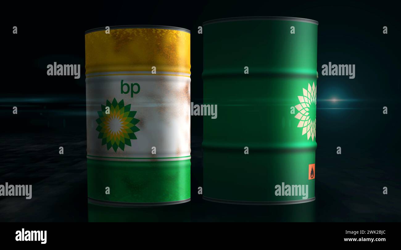 Poznan, Polen, 14. Februar 2024: BP Oil Fuel and Gas Barrel in ROW Konzept. British Petroleum Company und Benzin Industriecontainer 3D illustrat Stockfoto