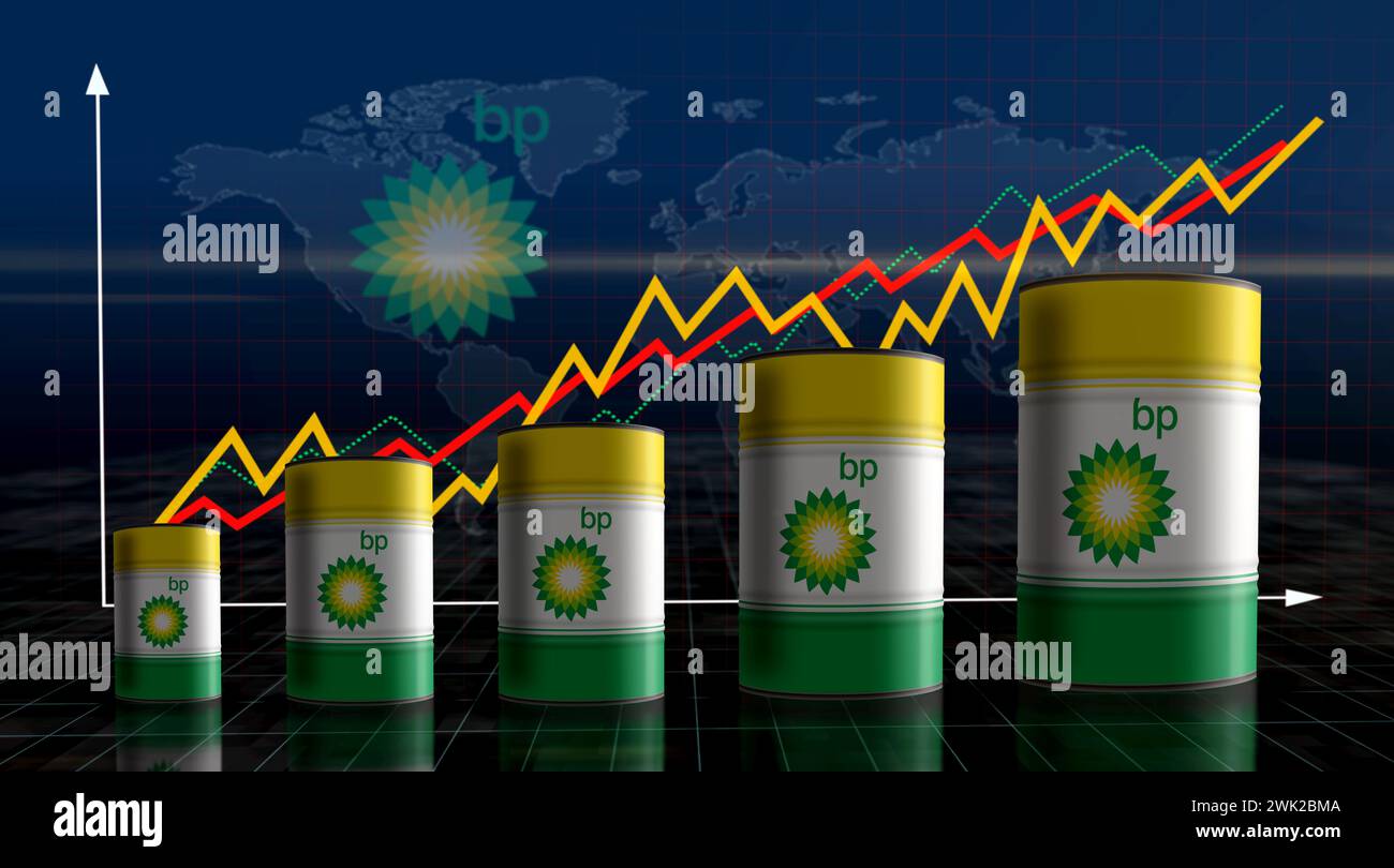 Poznan, Polen, 14. Februar 2024: BP-Öl-Brennstoff- und Gasfässer auf Wachstumskarte. British Petroleum Company und Benzin industrielle Metallbehälter mit Stockfoto