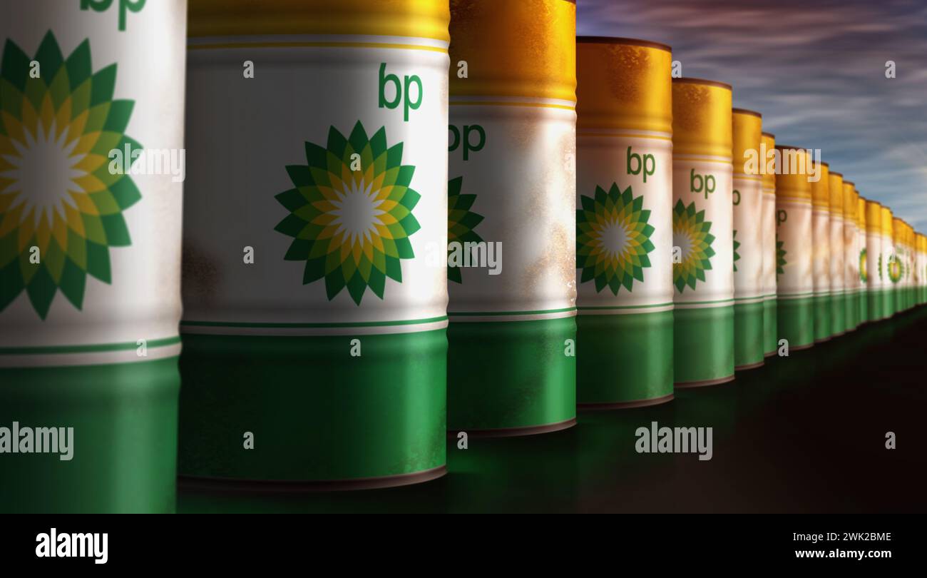 Poznan, Polen, 14. Februar 2024: BP Oil Fuel and Gas Barrel in ROW Konzept. British Petroleum Company und Benzin Industriecontainer 3D illustrat Stockfoto