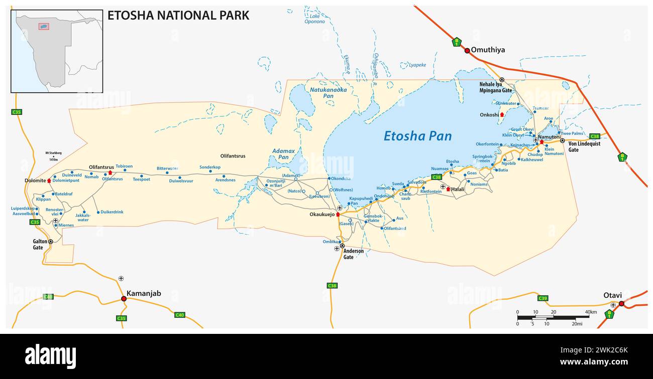 Vektorkarte des Etosha-Nationalparks im Nordwesten Namibias Stockfoto