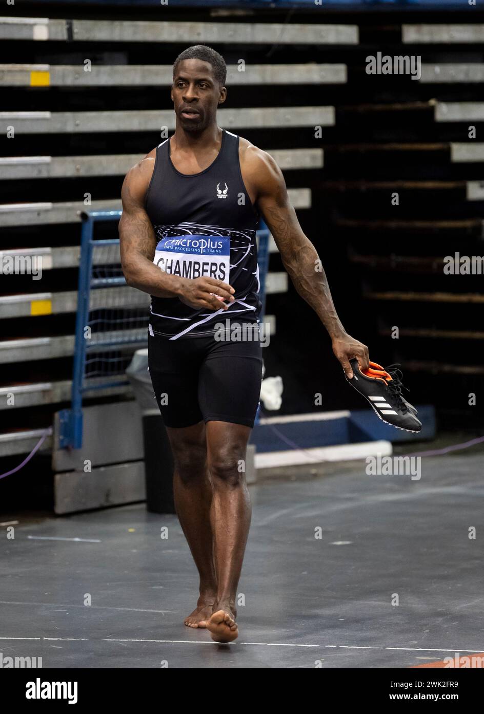 Dwain Chambers ging auf die Strecke, nachdem er am 17./18. Februar 2024 im 60-m-Halbfinale der Herren bei den Microplus UK Athletics Indoor Championships im Utilita Stadium, Birmingham, UK, teilgenommen hatte. Foto von Gary Mitchell Stockfoto