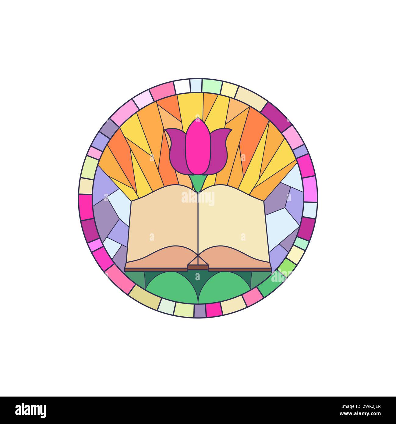 Buntglasfenster mit kreisförmiger Umrandung, offenem Buch und Blumenvervektor-Illustration Stock Vektor