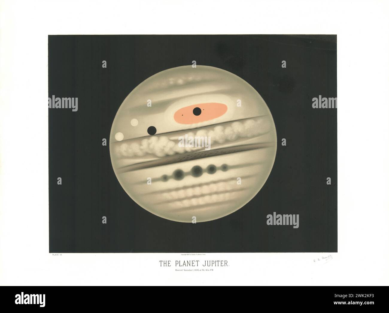 'Der Planet Jupiter' - Beobachtet Am 1. November 1880. Farblithographie von Etienne Trouvelot, 1882. Stockfoto
