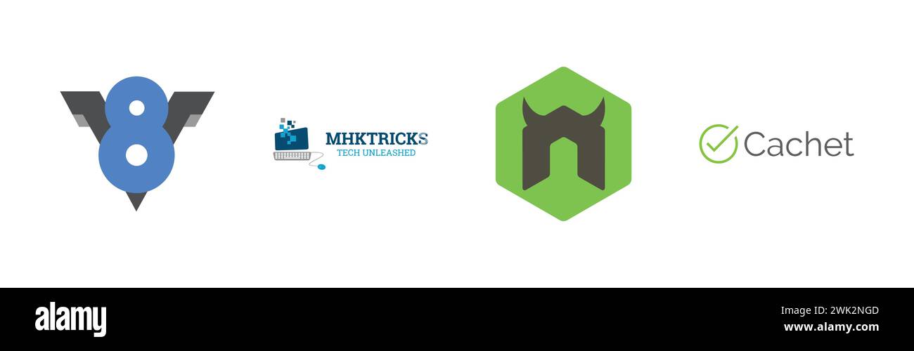 MHKTRICKS, Cachet, V8, Nodemon, beliebte Logo-Kollektion. Stock Vektor