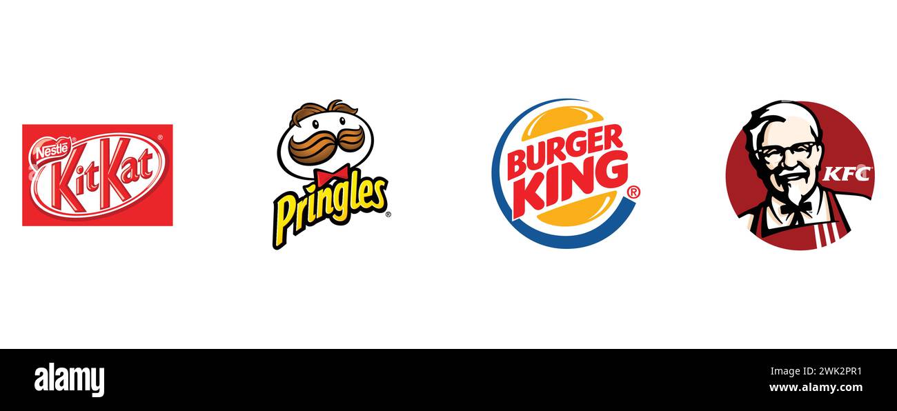KFC, KitKat, Burger King, Burger King, Pringles. Kollektion mit Top-Markenlogo. Stock Vektor