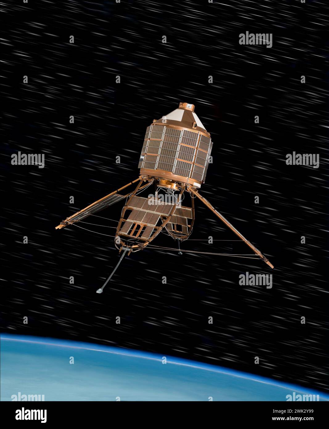 Modell des wissenschaftlichen Forschungssatelliten Ariel. Über der Erde Horizont zu Sternen. Experimente mit elektromagnetischer Strahlung und energieladenen Partikeln Stockfoto