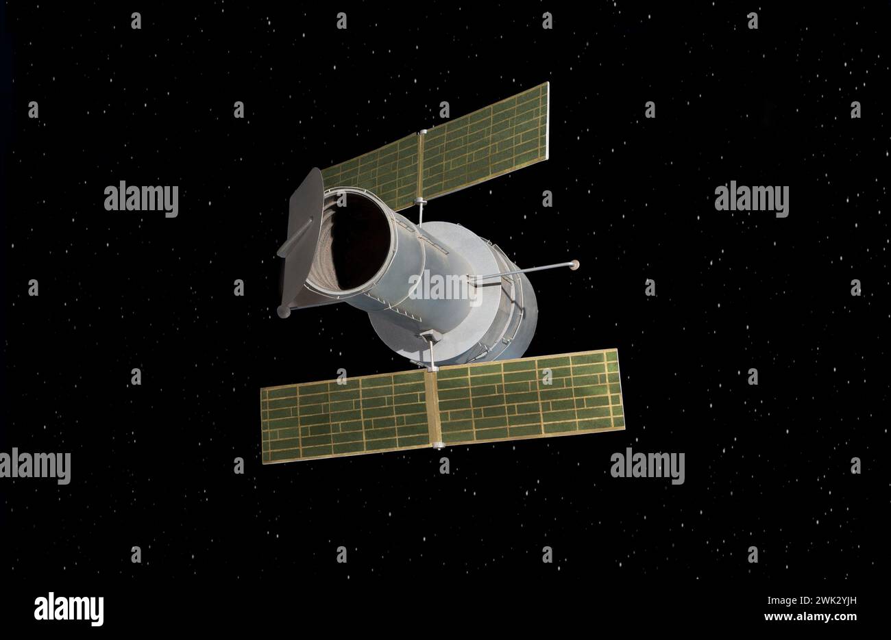Modell des Hubble reflektierenden Weltraumteleskops gegen Sterne. Gestartet vom NASA Space Shuttle 1990. Umkreist alle 97 Minuten über der Erdatmosphäre Stockfoto