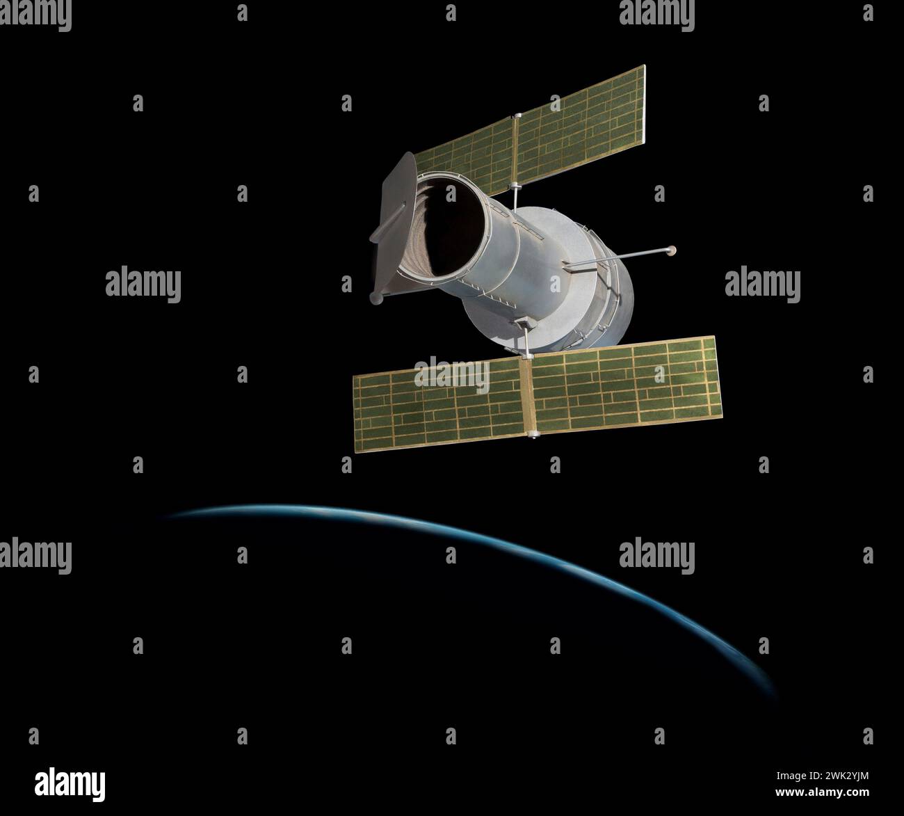 Modell des Hubble Cassegrain reflektierenden Teleskops im Weltraum. Gestartet vom NASA Space Shuttle 1990. Umkreist alle 97 Minuten über der Erdatmosphäre Stockfoto