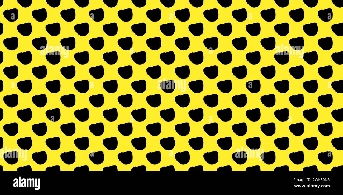 Verspieltes Polka Dot Delight: Nahtloses Vektormuster mit schwarzen Freiform-Punkten vor leuchtendem gelbem Hintergrund. Kreative Textur chaotischer Runde Stock Vektor