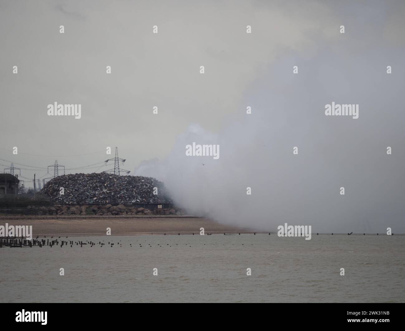 Sheerness, Kent, Großbritannien. Februar 2024. Der Fahrzeugträger Auto Advance scheint durch den Brand im Hafen von Sheerness in Kent verzögert worden zu sein, der nach 24 Stunden weiter brennt. Auto Advance kam gestern Abend in Sheerness an, aber anstatt Liegeplatz zu machen, ist seit gestern Nacht einige Meilen vor der Küste vor Anker. Der Brand in einer Recyclinganlage an der Hafenmündung begann gestern um 11 Uhr in einem Bereich, in dem ein riesiger Schrotthaufen gelagert wird. Quelle: James Bell/Alamy Live News Stockfoto