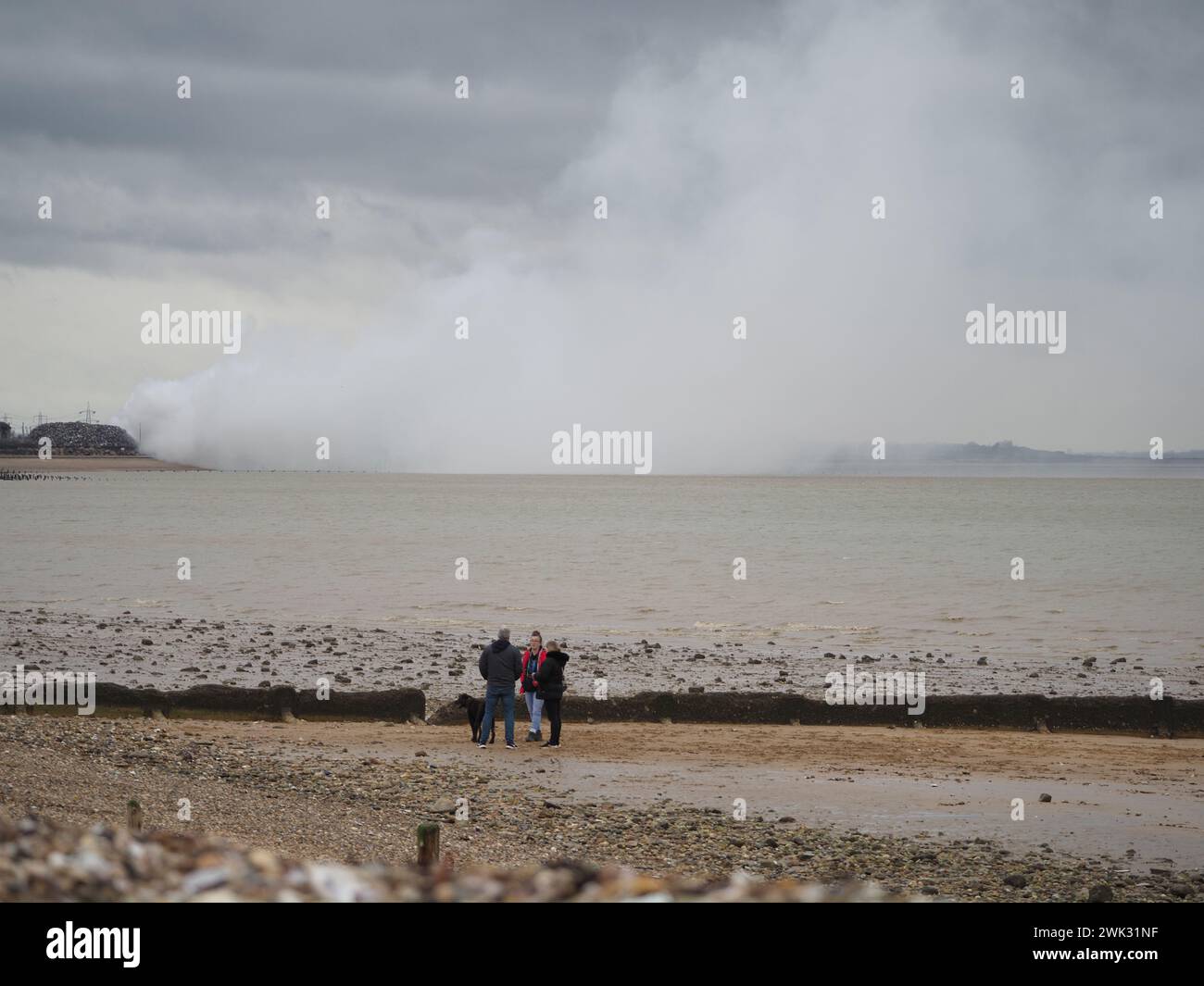 Sheerness, Kent, Großbritannien. Februar 2024. Der Fahrzeugträger Auto Advance scheint durch den Brand im Hafen von Sheerness in Kent verzögert worden zu sein, der nach 24 Stunden weiter brennt. Auto Advance kam gestern Abend in Sheerness an, aber anstatt Liegeplatz zu machen, ist seit gestern Nacht einige Meilen vor der Küste vor Anker. Der Brand in einer Recyclinganlage an der Hafenmündung begann gestern um 11 Uhr in einem Bereich, in dem ein riesiger Schrotthaufen gelagert wird. Quelle: James Bell/Alamy Live News Stockfoto