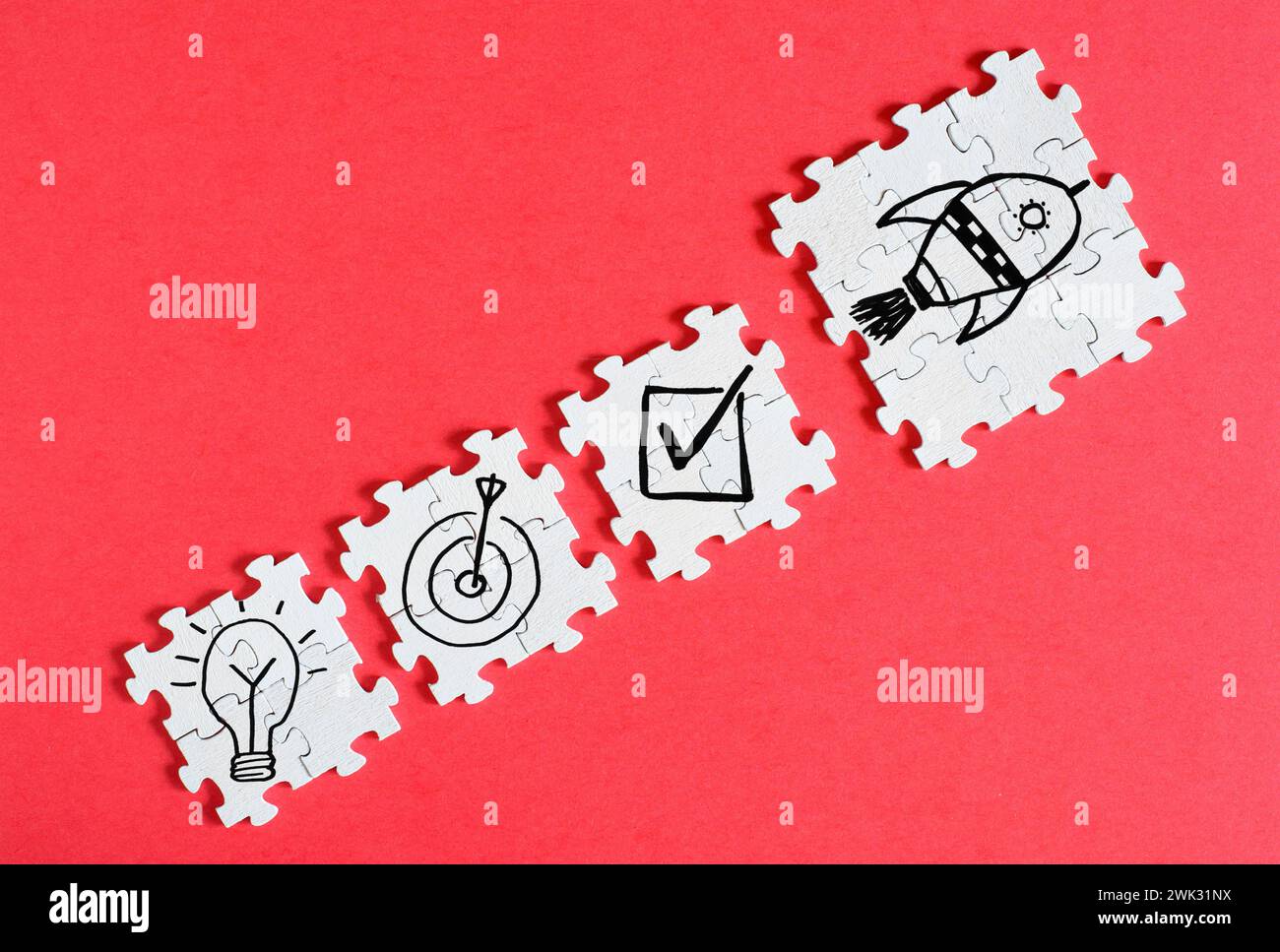 Geschäft, Innovation, Idee, Erfolg, Plan, tun, prüfen, Konzept handeln, Puzzleteile mit Symbolen für den Erfolgsprozess, freier Kopierbereich Stockfoto