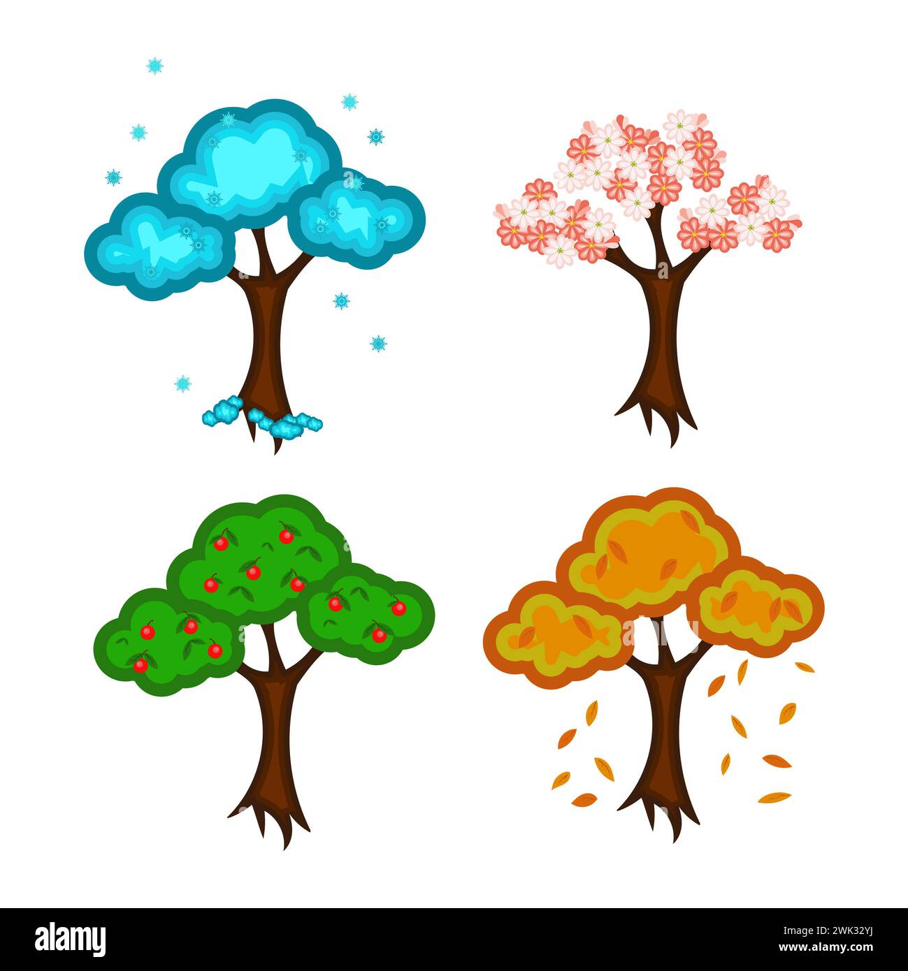 Vier Jahreszeiten. Bemalte Bäume: Winter, Frühling, Sommer, Herbst. Isoliert auf weißem Hintergrund ohne Schatten. Stockfoto