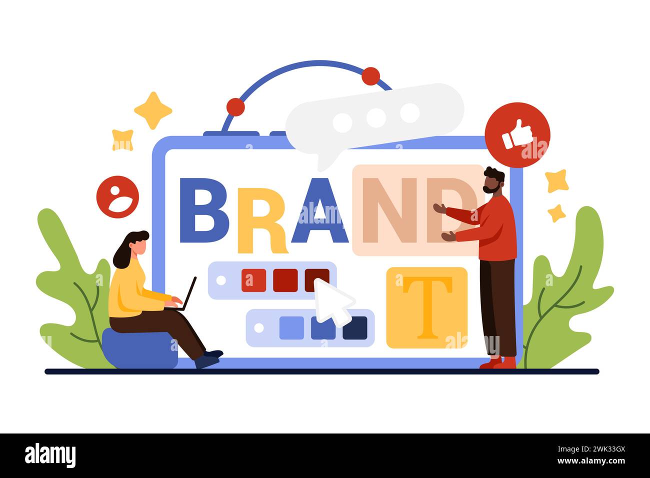 Erstellung einer Markenidentität, Entwicklung durch Designer und Marketingteam. Tiny People entwickeln ein kreatives Namenslogo für Unternehmen, arbeiten an der Erkennung visueller Inhalte und Branding Comic Vektor Illustration Stock Vektor