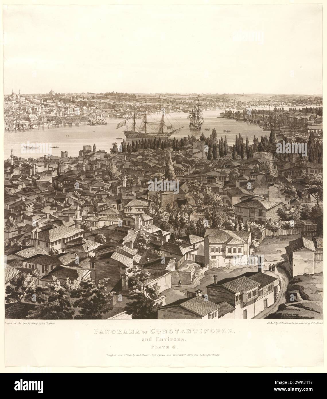 Panorama von Konstantinopel (Istanbul) und Umgebung. Gezeichnet von Henry Aston Barker; geätzt von C. Tomkins Aquatint 1810 Druck zeigt einen 360°-Blick auf Konstantinopel und den Bosporus, mit Dächern, Minaretten, Moscheen und anderen Gebäuden. Durchgänge, Boote und Schiffe. Stockfoto