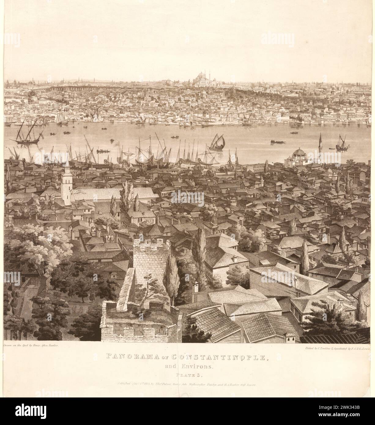 Panorama von Konstantinopel (Istanbul) und Umgebung. Gezeichnet von Henry Aston Barker; geätzt von C. Tomkins Aquatint 1810 Druck zeigt einen 360°-Blick auf Konstantinopel und den Bosporus, mit Dächern, Minaretten, Moscheen und anderen Gebäuden. Durchgänge, Boote und Schiffe. Stockfoto