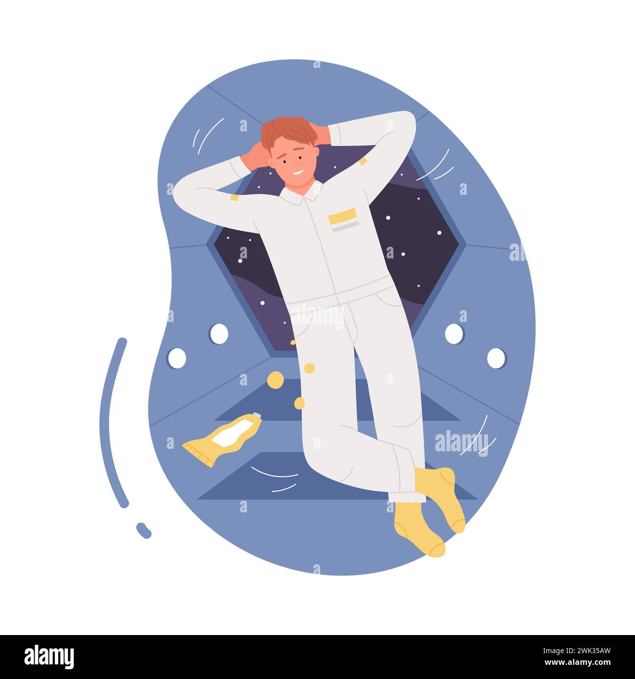 Der Astronaut schwimmt in einer Rakete. Entspannter Astronaut in Raumfahrzeugen, Nahrung für Astronauten Cartoon Vektor Illustration Stock Vektor