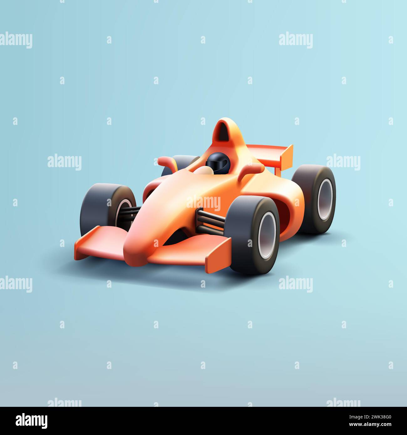 3D-Rendering-Illustration eines orangefarbenen Hochglanz-Rennsportwagens mit Piloten in schwarzem Helm, realistischer Zeichentrickstil, isoliert Stock Vektor