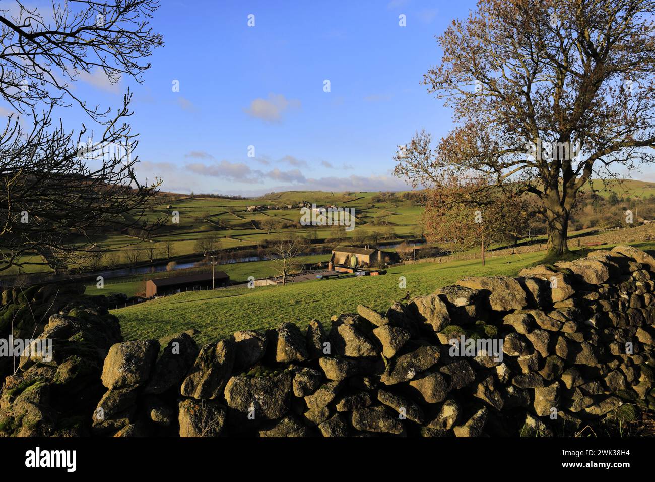 Herbstblick über den Fluss Wharf in der Nähe von Drebley Village, Wharfedale, North Yorkshire, England Stockfoto