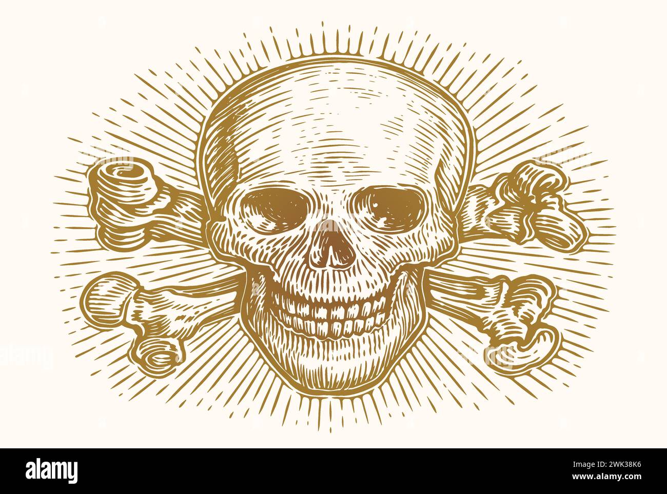 Schädel und Kreuzknochen mit Strahlen. Skelettkopfskizze des Menschen. Handgezeichnete Vintage-Vektor-Illustration Stock Vektor