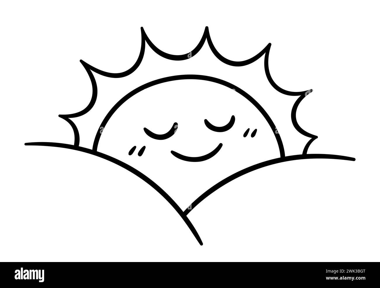 Einfaches Doodle bei Sonnenaufgang, niedliche Comic-aufgehende Sonne mit lächelndem Gesicht. Schwarzweiß-Strichgrafik, Vektorillustration. Stock Vektor