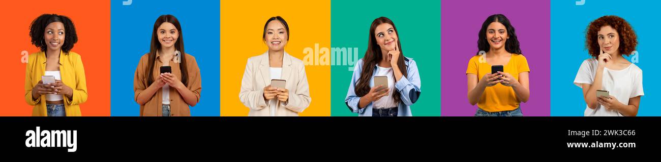 Eine Reihe von sieben verschiedenen Frauen, die sich mit ihren Smartphones beschäftigen und dabei lässig tragen Stockfoto