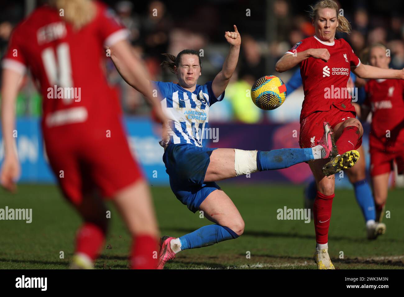 Crawley, Großbritannien. Februar 2024. Brightons Elisabeth Terland fordert die Gemma Bonner von Liverpool beim Barclays Women's Super League-Spiel zwischen Brighton & Hove Albion und Liverpool im Broadfield Stadium in Crawley heraus. Quelle: James Boardman/Alamy Live News Stockfoto