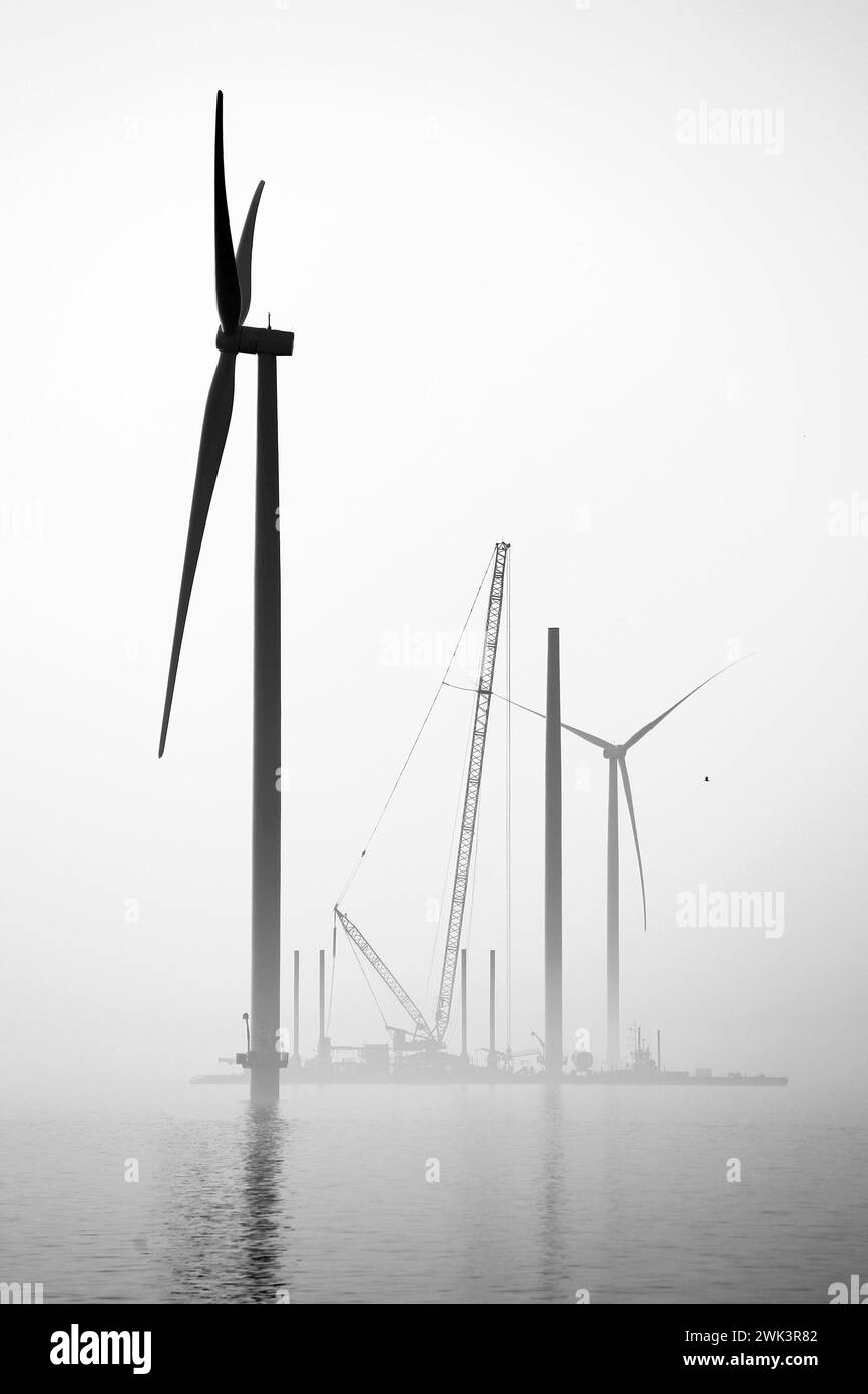 Transportschiff und Kran für den Bau eines Offshore-Windparks, Ijsselmeer, Niederlande Stockfoto