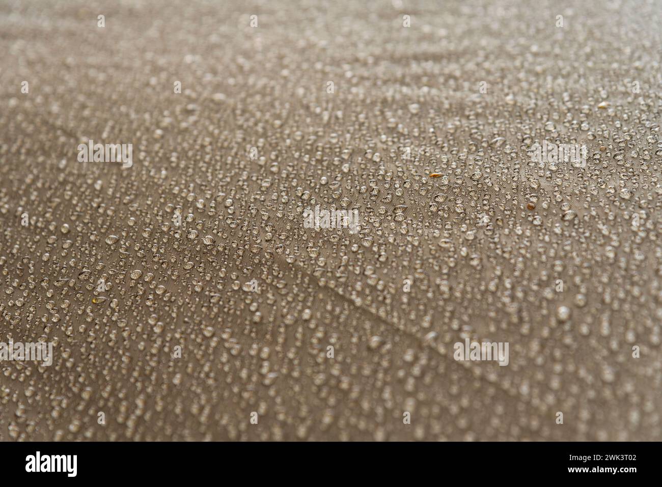 Regentropfen, Wasser auf einem wasserdichten Stoff Nahaufnahme. Zelt mit Regentropfen. Stockfoto