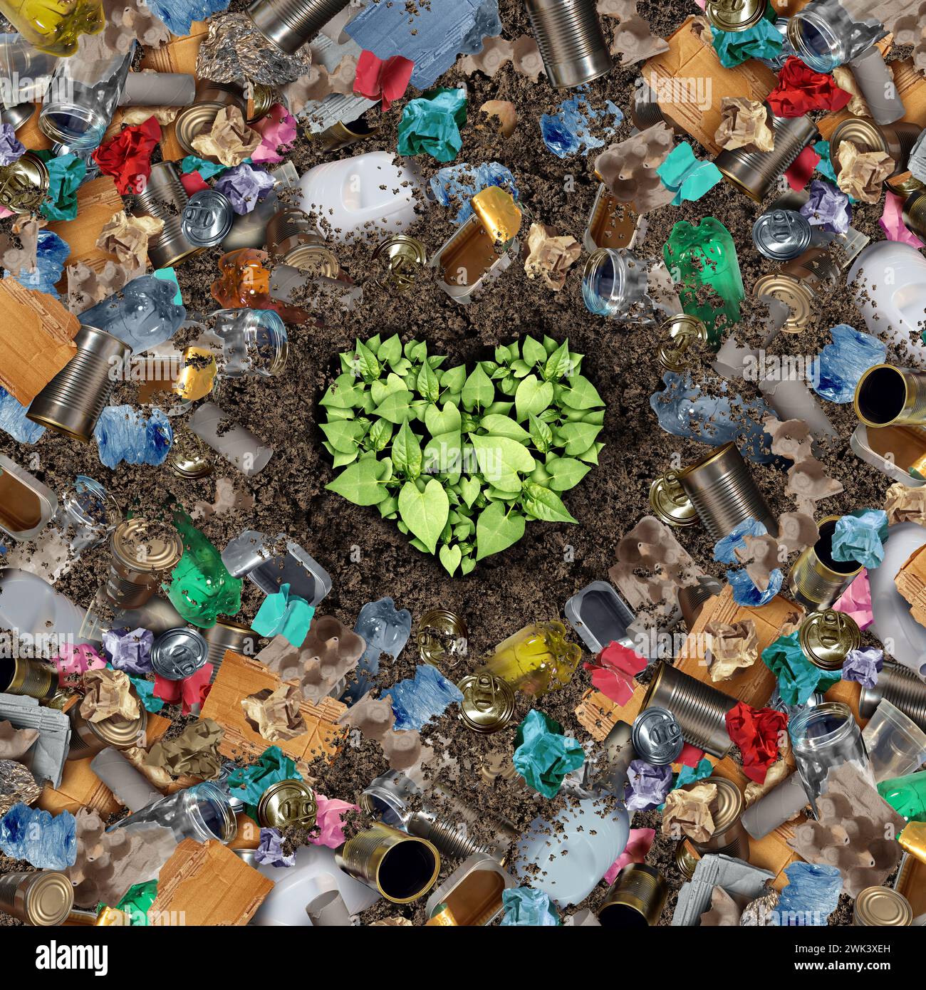 Liebe für Recycling und Recycling globaler Abfall für die Umwelt und Abfallkonzept oder Abfallwirtschaft Symbol mit altem Papier Glas Metall und Kunststoff h Stockfoto