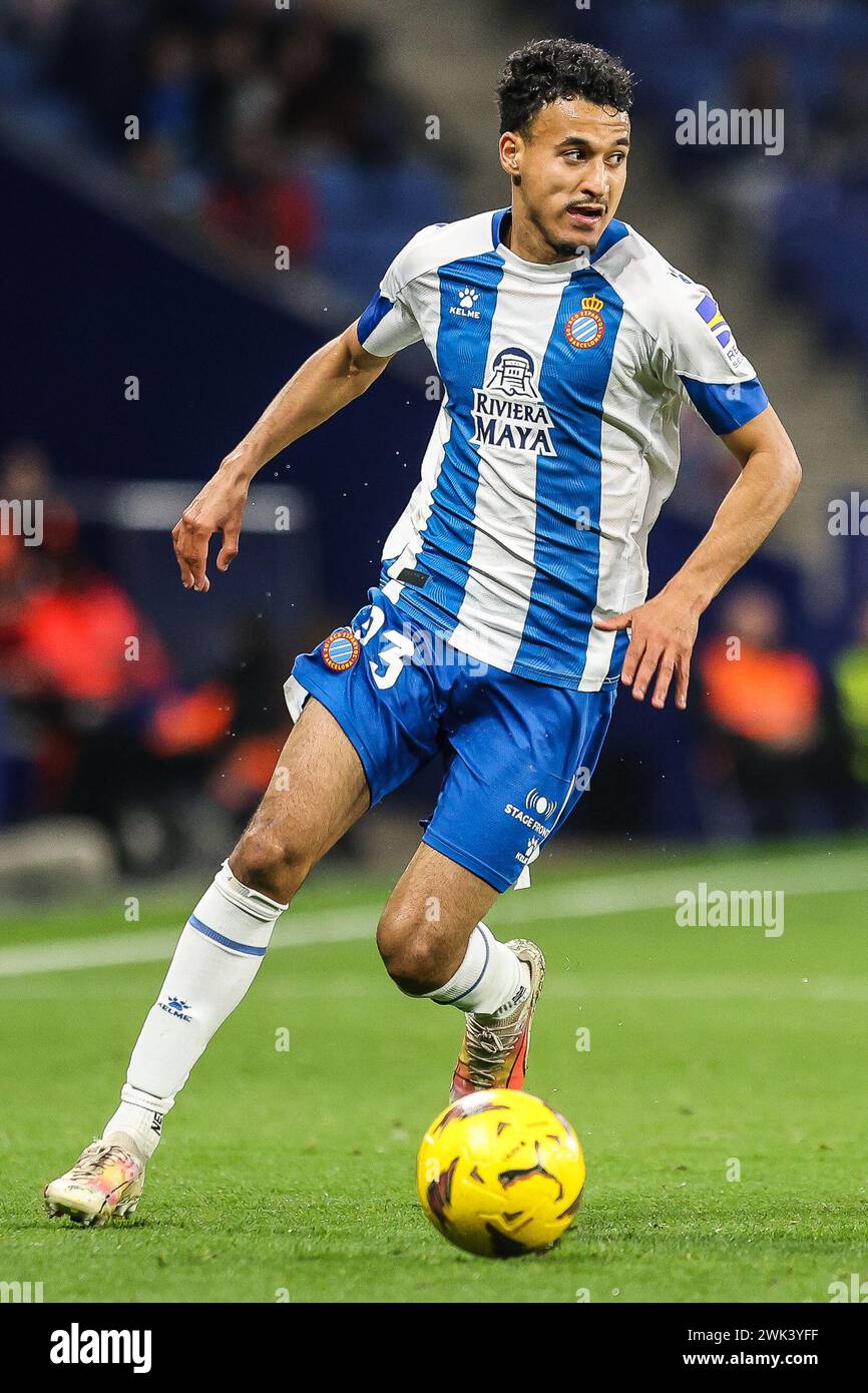 Barcelona, Spanien. Februar 2024. Omar El Hilali (23) von Espanyol, der während des Spiels der LaLiga 2 zwischen Espanyol und Mirandes im Stage Front Stadium in Barcelona gesehen wurde. (Foto: Gonzales Photo/Alamy Live News Stockfoto