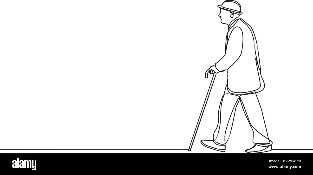 Ununterbrochene einzeilige Zeichnung eines älteren Mannes, der mit einem Stock geht, Linie Art Vektor Illustration Stock Vektor