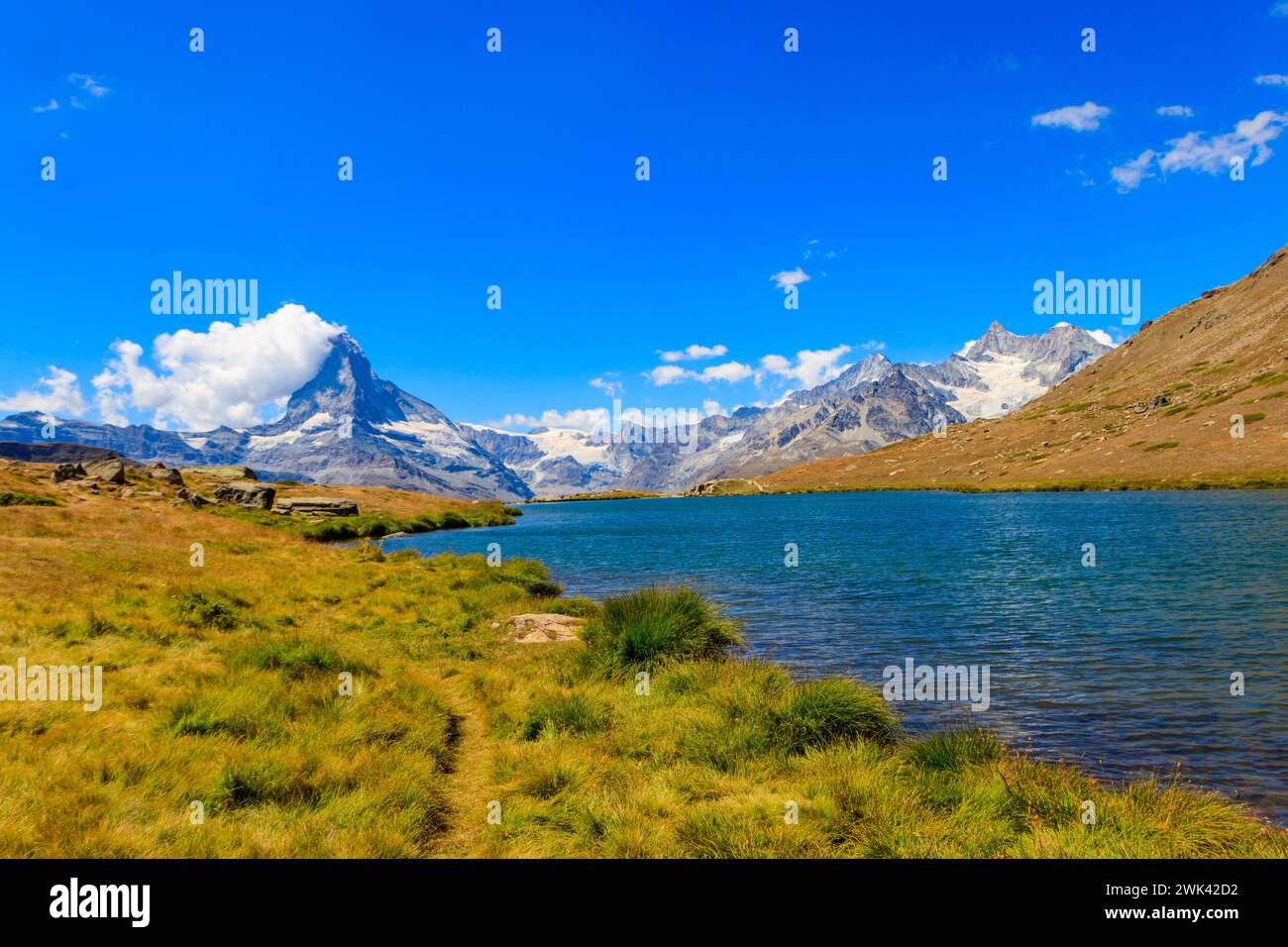 Blick auf den Stellisee und das Matterhorn im Sommer in Zermatt, Schweizer Alpen, Schweiz Stockfoto