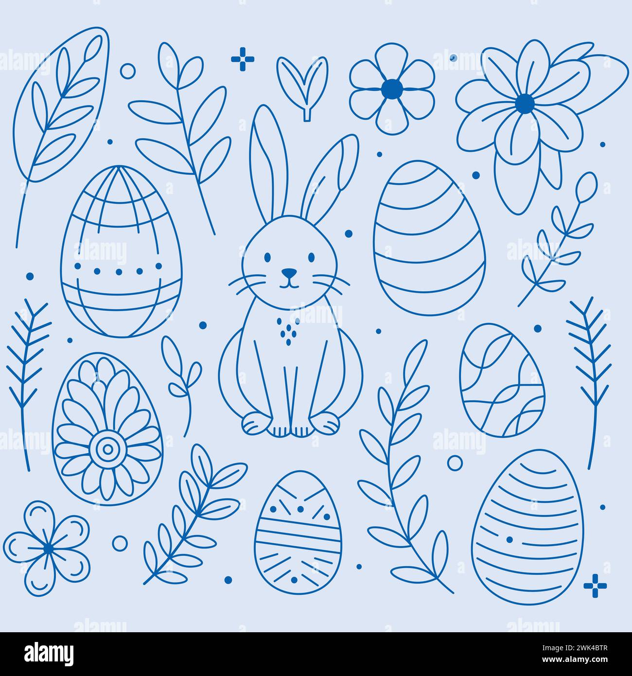 Handillustriertes Set bestehend aus niedlichen Kaninchen, dekorierten Ostereiern und einer Auswahl von Blumen und Blättern, alle in einem beruhigenden grünen Hauch dargestellt Stock Vektor