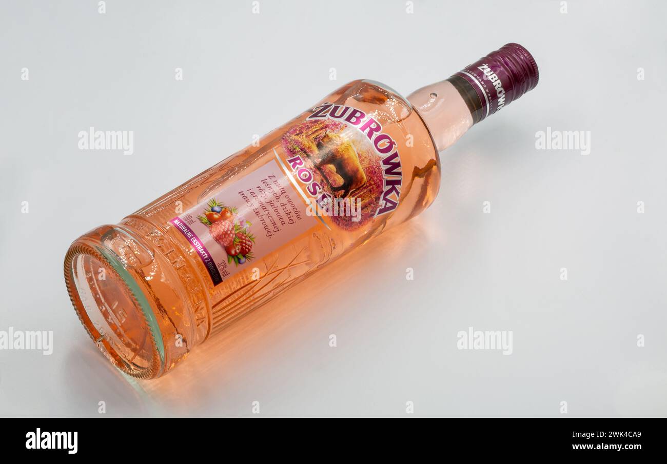 Kiew, Ukraine - 09. Juni 2023: Studio-Shooting von Zubrowka Rose Wodka Flasche Nahaufnahme gegen weiß. Es ist ein aromatisierter polnischer Wodka-Likör. Stockfoto