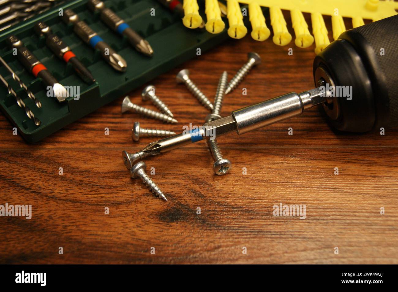Dübel, Schrauben, Schraubendreher, Bitsatz. Werkzeuge und Befestigungselemente auf einer Holzoberfläche Stockfoto