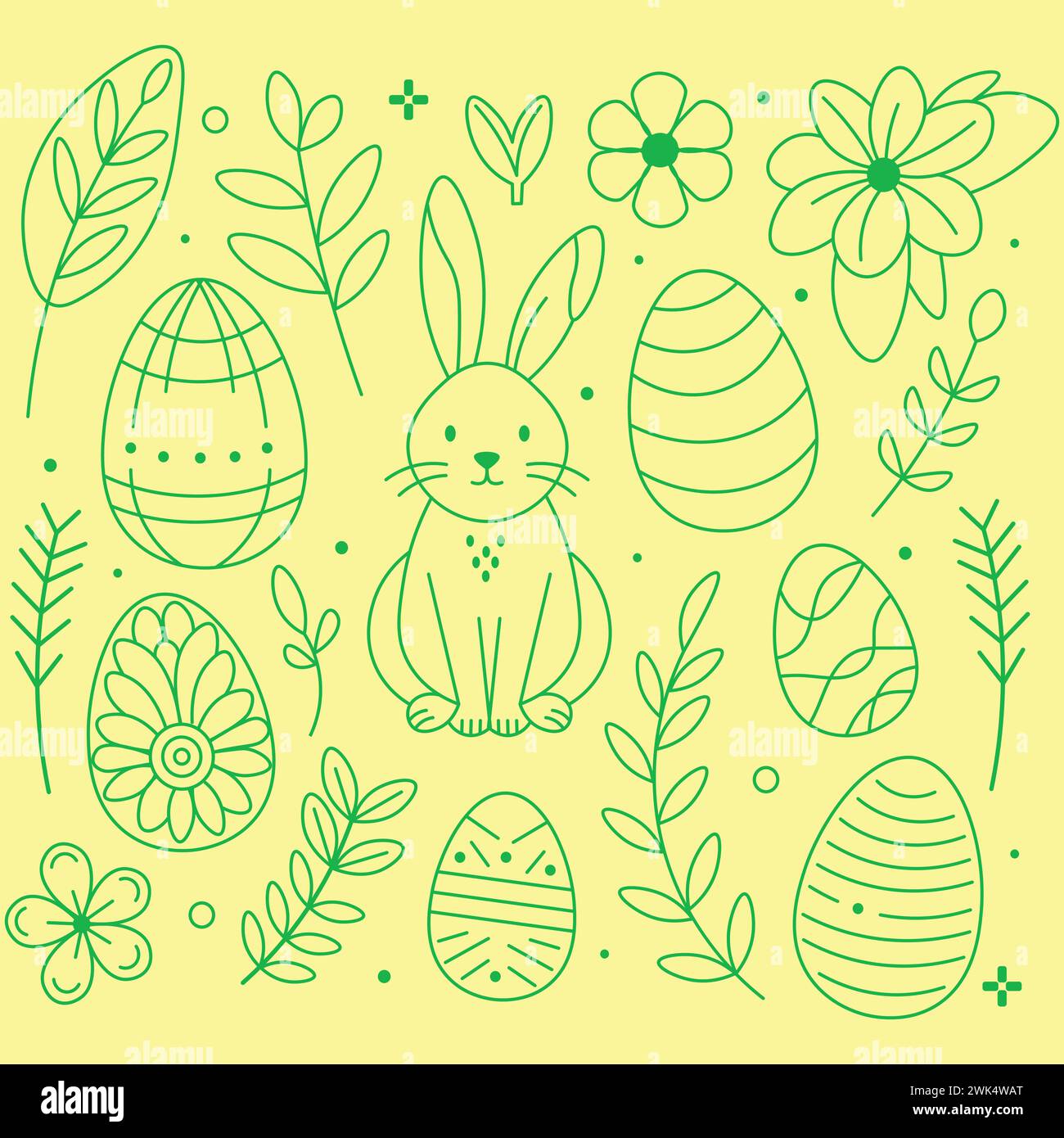 Entzückende Illustration mit einem niedlichen Osterhasen inmitten von dekorierten Eiern und einer Vielzahl von Frühlingsblumen und -Blättern, alle gegen eine Vergangenheit gesetzt Stock Vektor