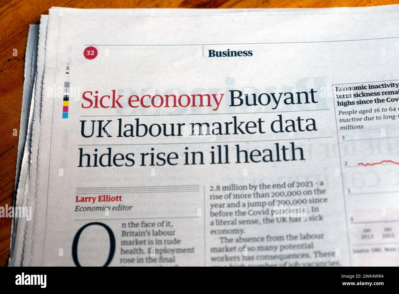 „Sick Economy Buyant UK Labour Market Data Hides Rise in Health“ Guardian Zeitung Schlagzeile Business Employment Clipping 14 Februar 2024 London Stockfoto