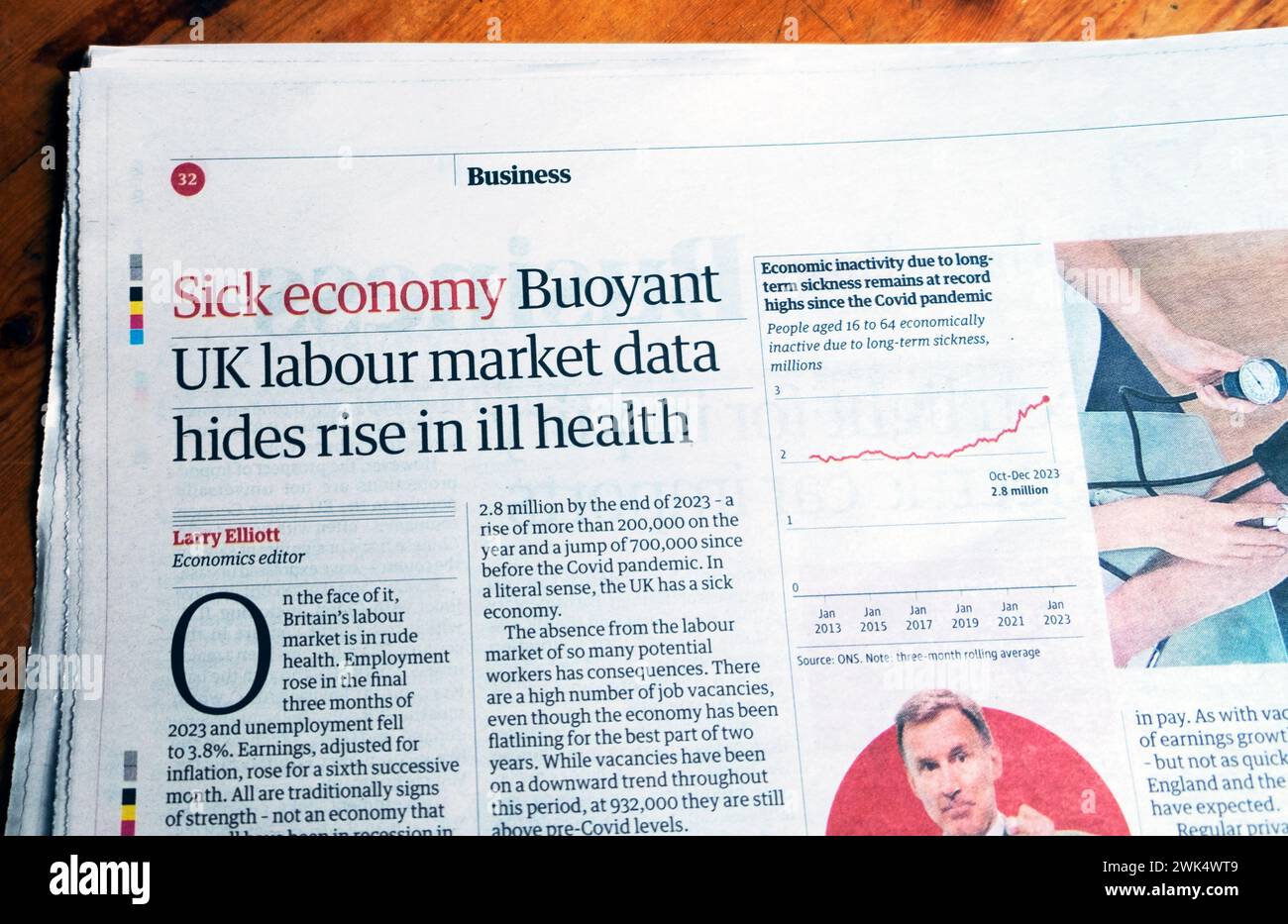 „Sick Economy Buyant UK Arbeitsmarktdaten verbirgen Aufstieg in Krankheit“ Guardian Zeitung Headline Business Jobs artikel 14 Februar 2024 London UK Stockfoto
