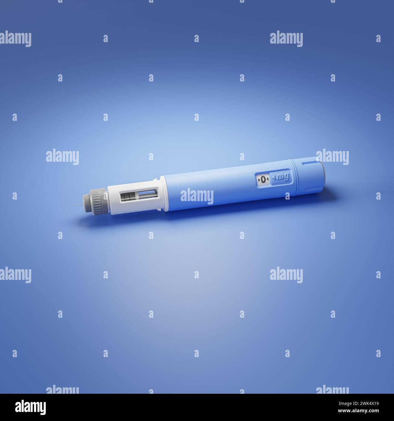 Injektor / Dosierstift zur subkutanen Injektion von Antidiabetika oder Antiadipösen auf blauem Hintergrund. Stockfoto