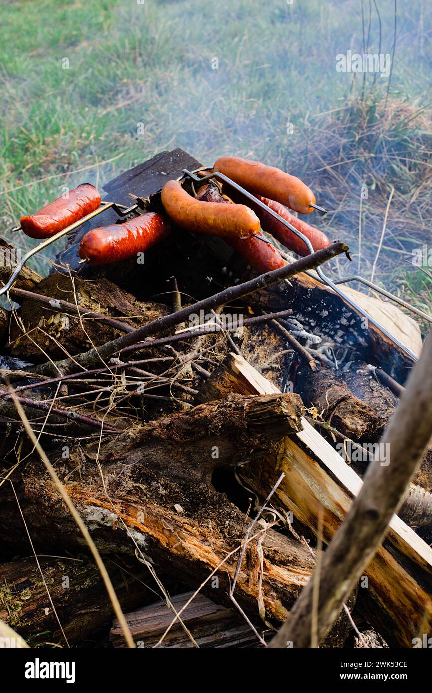 Traditionelle Würstchen, die über einem grasbewachsenen Lagerfeuer mit Holzkohle geröstet werden und weißen Rauch abgeben. Würstchen haben eine schöne goldbraune Farbe. Stockfoto