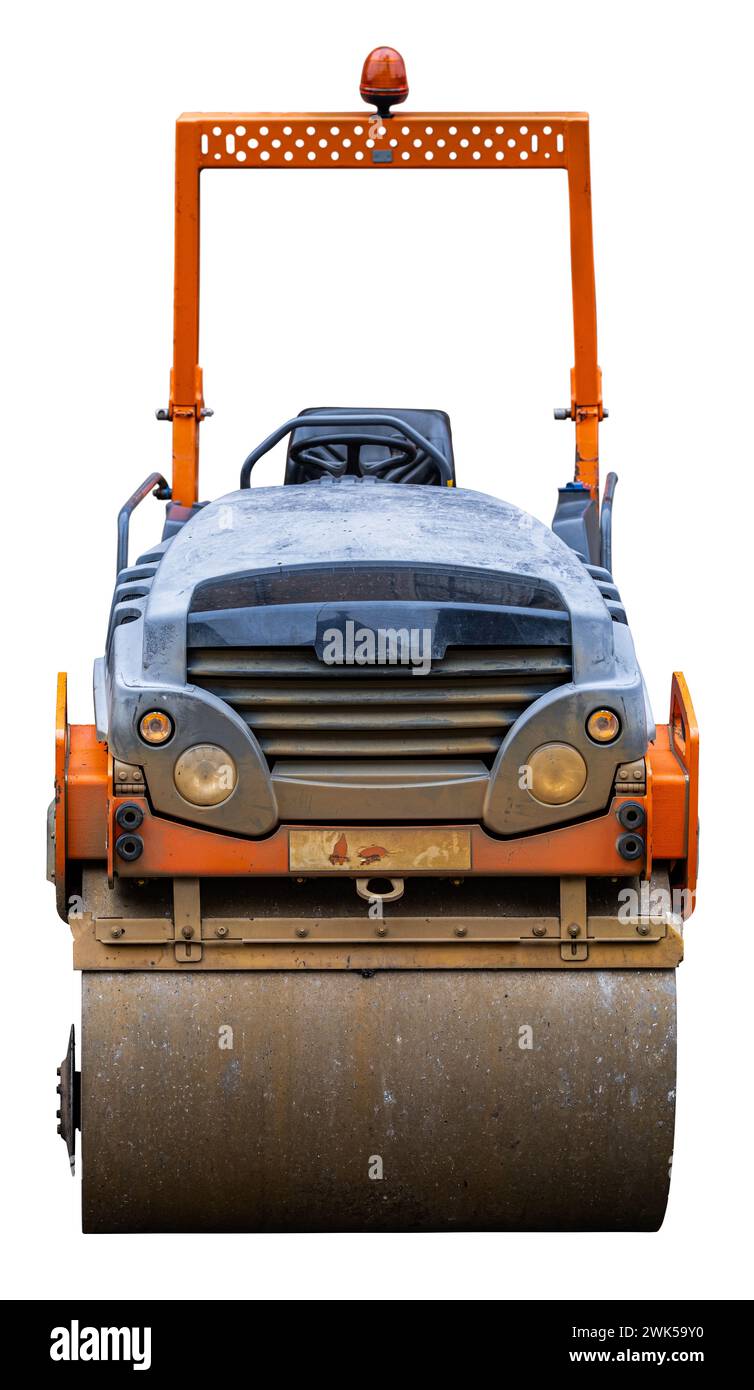 Ein schwerer, grungy Road Roller, isoliert auf weißem Hintergrund Stockfoto