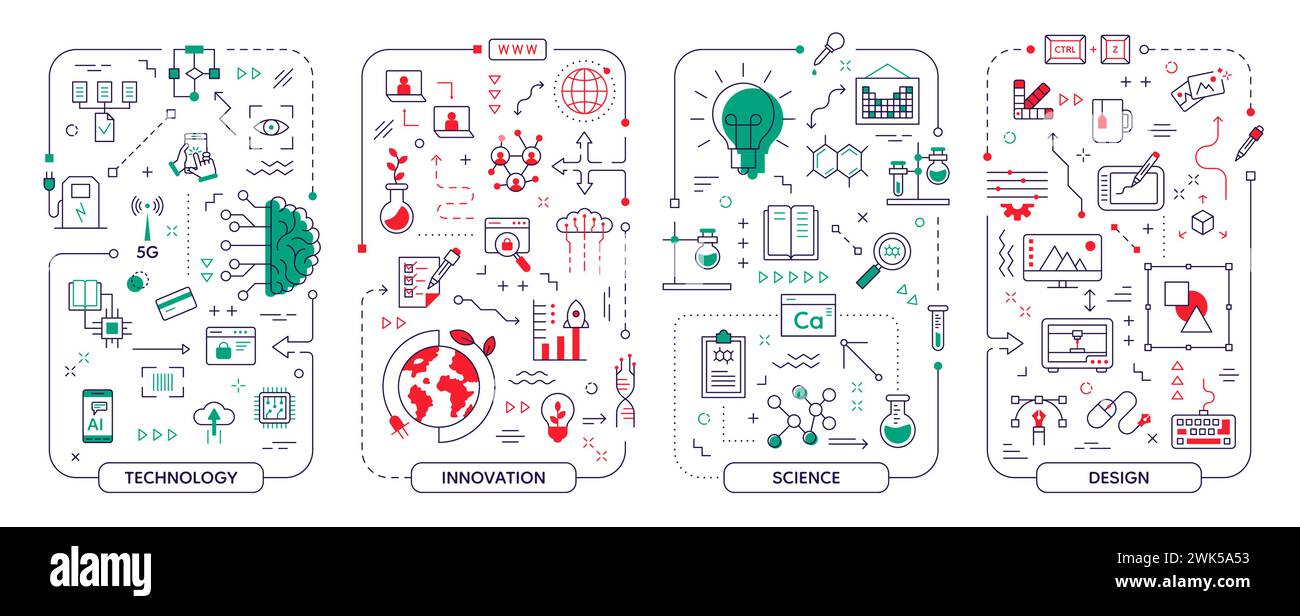 Kreative Technologie. Digitale Arbeitssymbole. Business Team Projekt Infografik zu Forschung und Kommunikation. Brainstorming-Diagramm. Wissensentwicklung. Wissenschaftliche Analysen. Abstrakte Vektorelemente festgelegt Stock Vektor