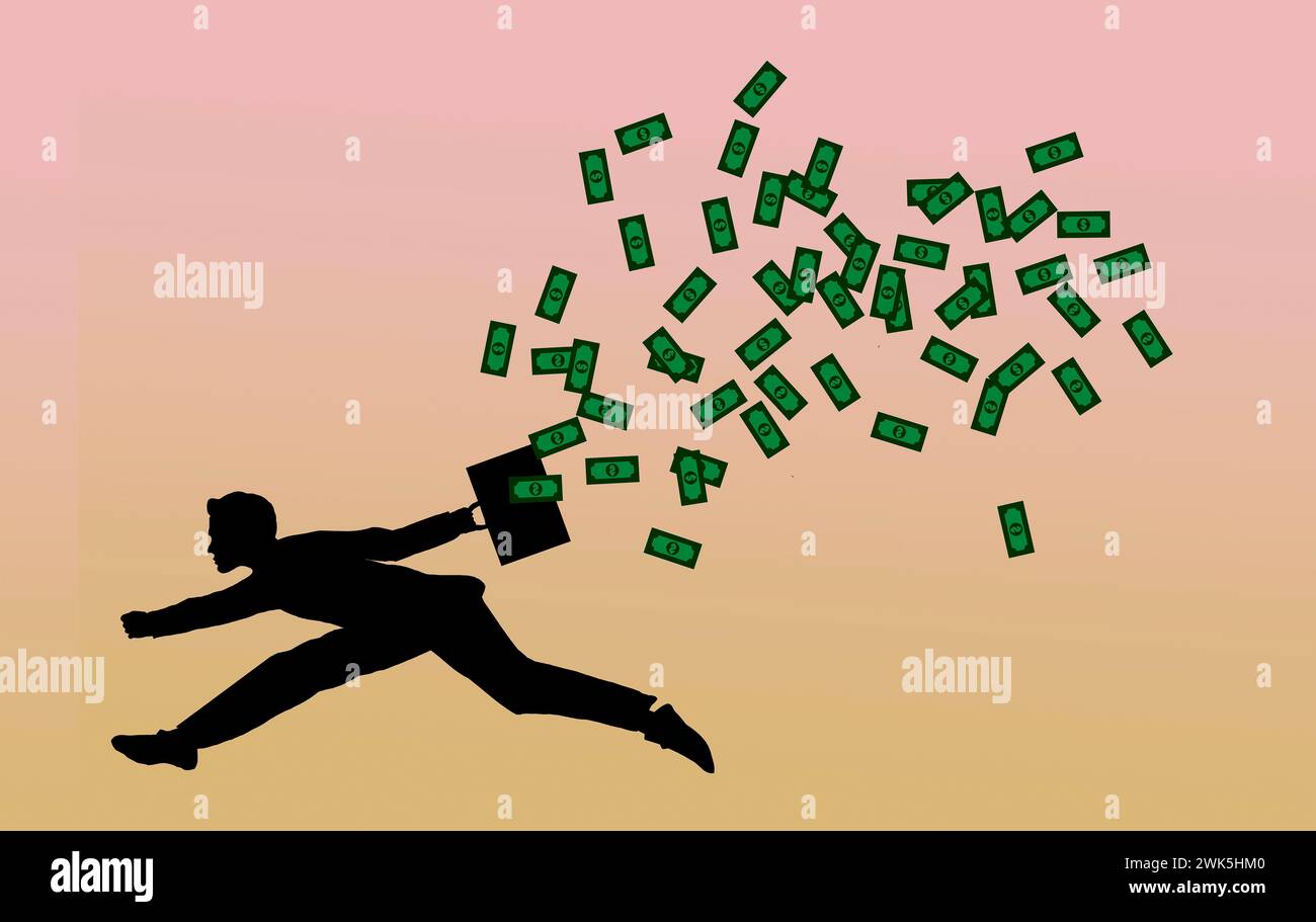 Ein Geschäftsmann verliert Geld aus seiner Aktentasche in einer Illustration über Verluste und schlechte Geschäftsentscheidungen. Stockfoto