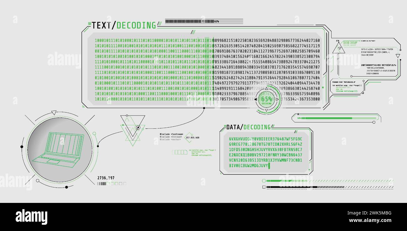 Bildschirm für die Datenentschlüsselung mit Fenster für die Textdekodierung. Stock Vektor